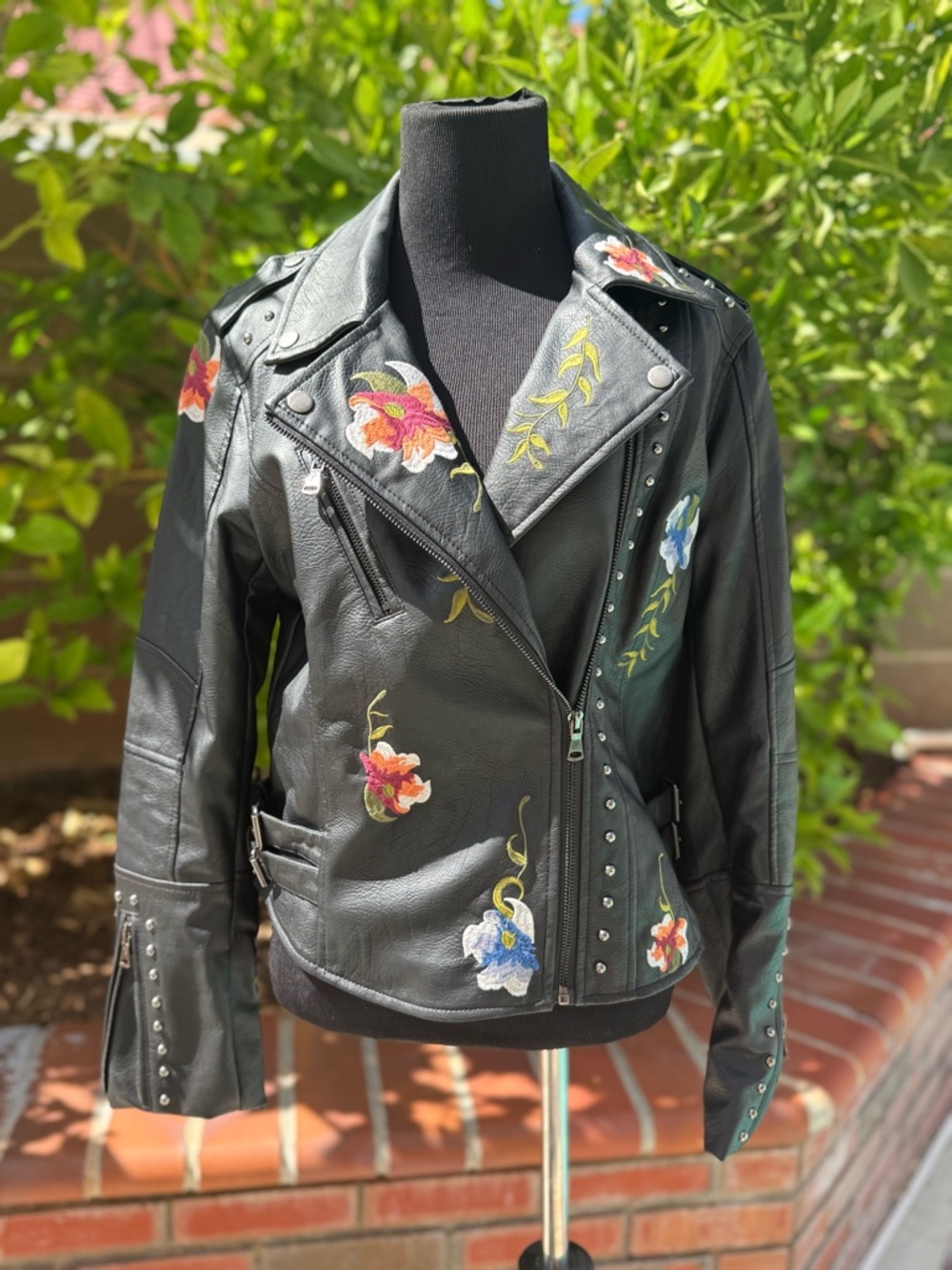 NEW (wot)! Black Floral Embroidered Vegan Leather Moto Jacket